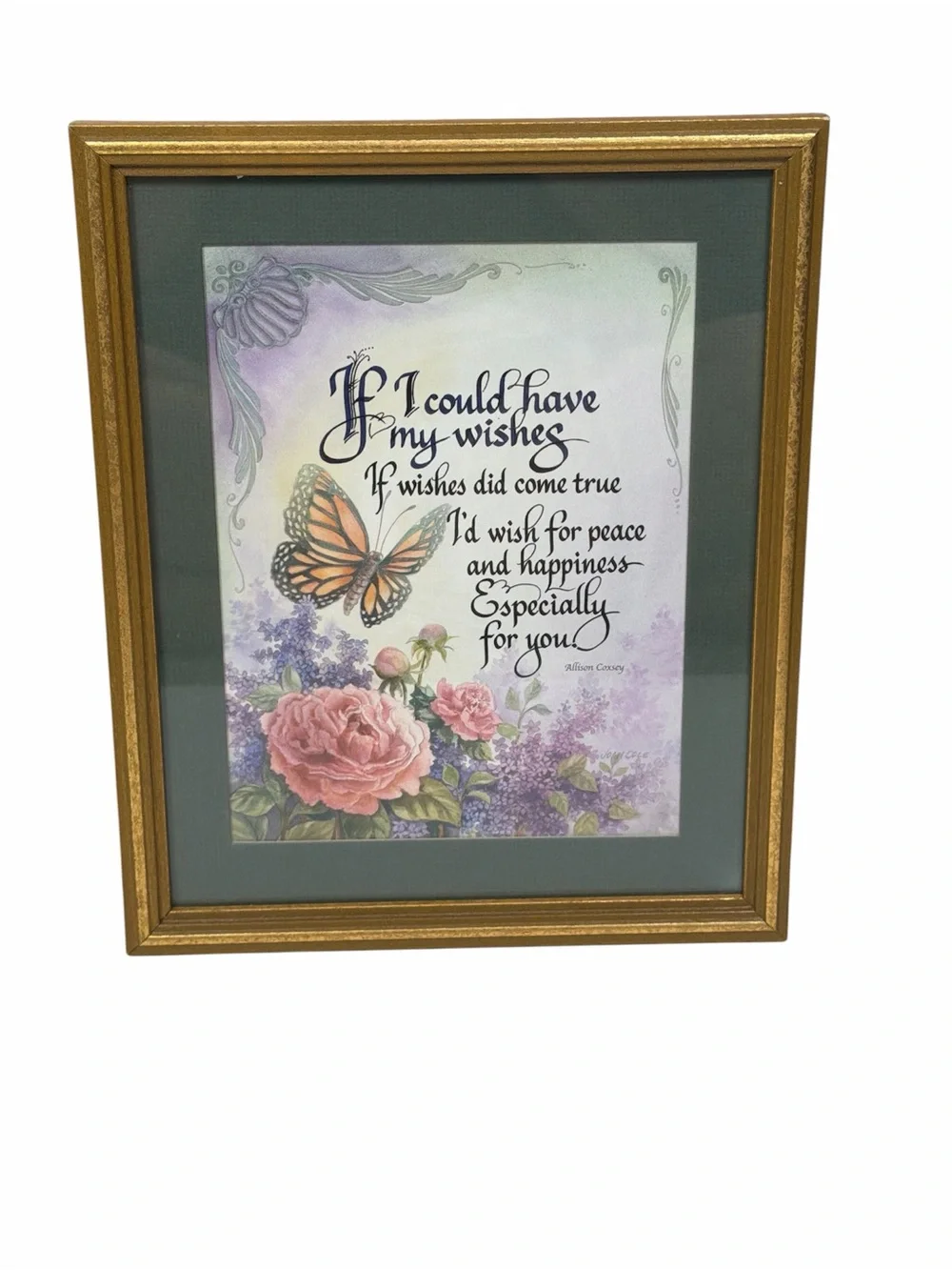 Vintage Framed Inspirational Butterfly Floral Wall Art Gold Frame Made in USA